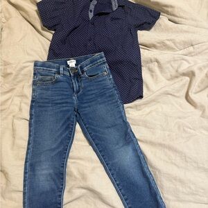 Boys skinny jeans (Soft) run like 5/6, have stretch. Blue button down shirt
